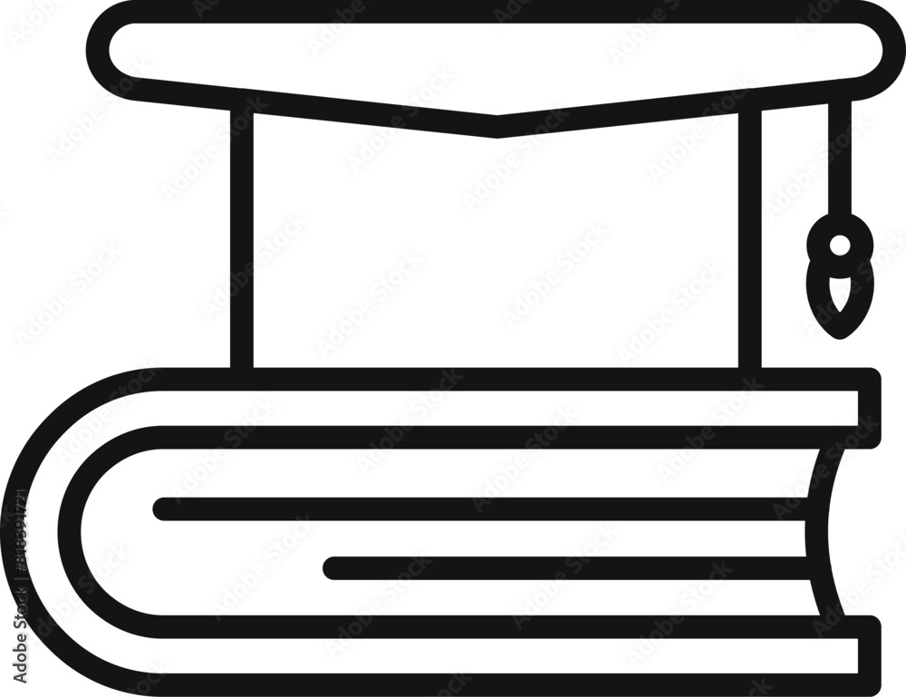 Simple line drawing icon featuring a graduation cap atop a stack of books Simple line drawing icon featuring a graduation cap atop a stack of books