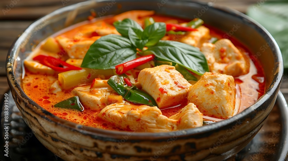 A bowl of red curry with tofu, vegetables and basil leaves on top.