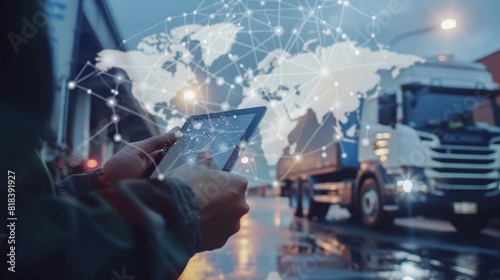 Transport and logistic concept, Freight shipping online, Businessman using tablet and data for global logistic network distribution on world map background, Business and technology 