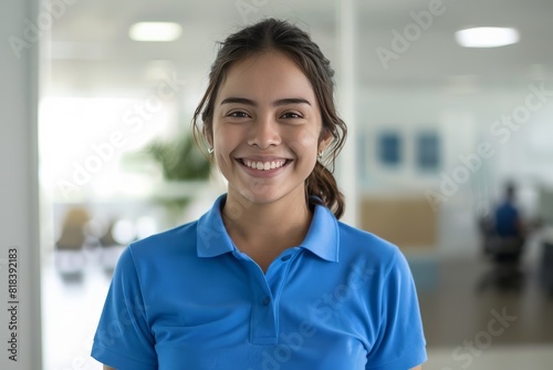 A young mexican community manager wearing a blue polo shirt in a white office, laugh