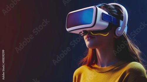 Young woman experience VR headset is using augmented reality eyeglasses VR poster banner concept realistic hyperrealistic  © Ahtesham