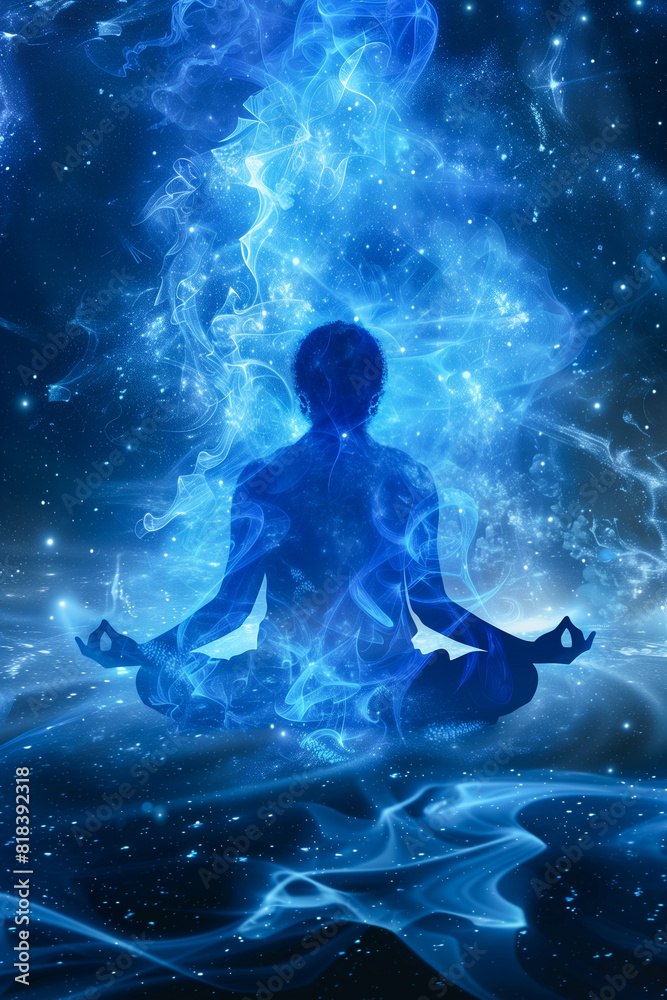 A person is meditating in a blue and white background A person is meditating in a blue and white background