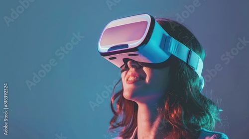 Young woman experience VR headset is using augmented reality eyeglasses VR poster banner concept realistic hyperrealistic 