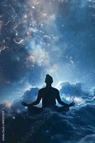 A person is meditating in the sky, surrounded by clouds and stars