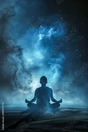 A person is meditating in the middle of a starry sky