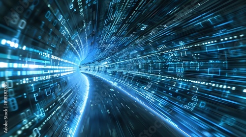 Blue glowing digital tunnel of streaming binary code data. photo