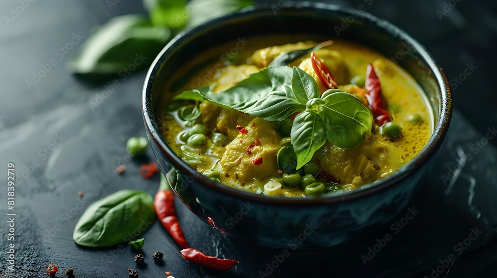Green curry with chicken, vegetables and rice in a bowl on a dark background. Green curry with chicken, vegetables and rice in a bowl on a dark background.