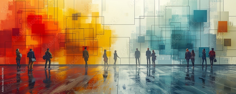 Fototapeta premium Business collage with business people working together on digital tablets, financial charts and icons in the style of modern geometric shape pattern background banner
