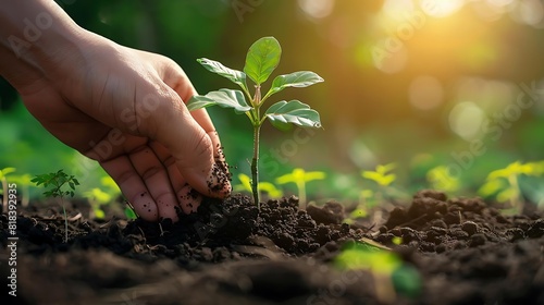 The hand of a person planting a small tree in the soil with a blurred background of a field of plants and a bright sun.