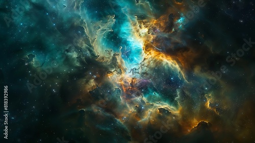 The image is a depiction of a nebula, a vast interstellar cloud of dust, hydrogen, helium and other ionized gases. photo