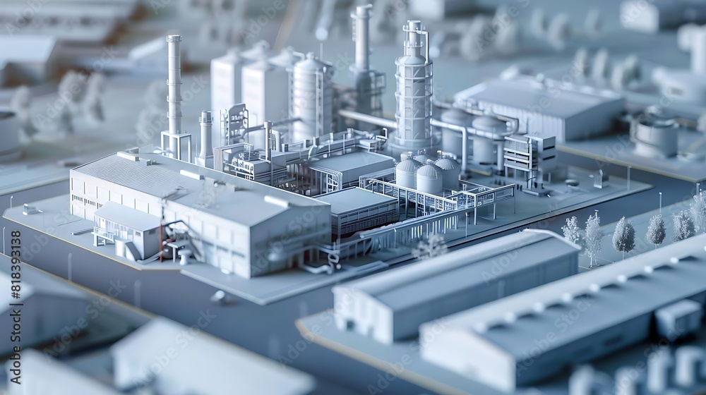 The image shows a model of an industrial plant with buildings, pipes, and machinery. The image shows a model of an industrial plant with buildings, pipes, and machinery.