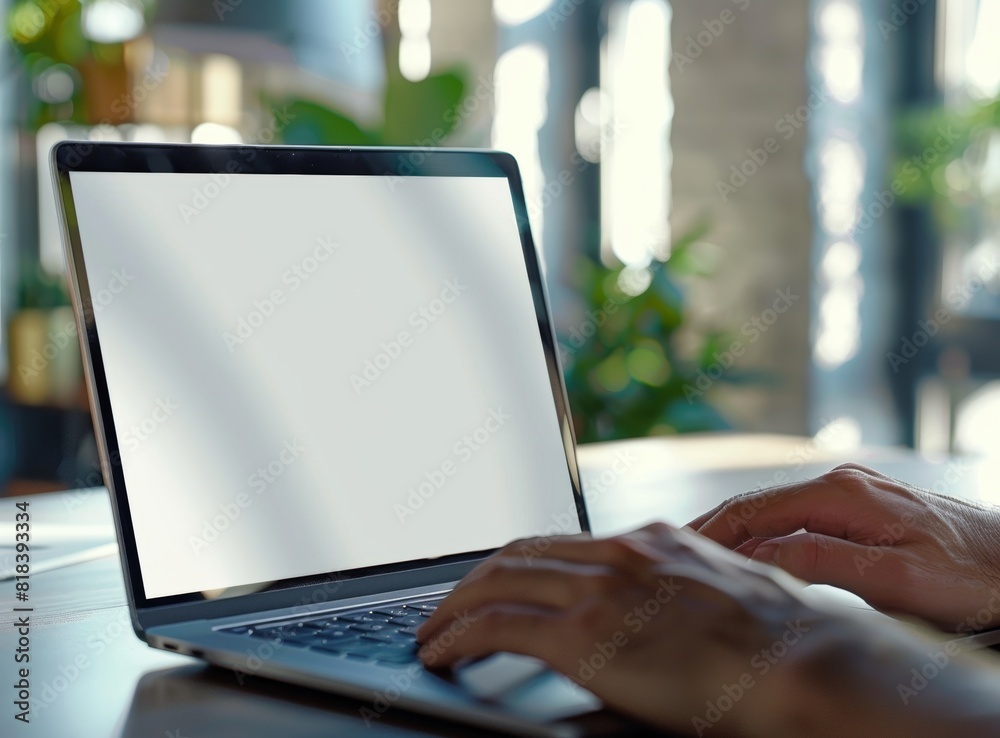 Close up of a man's hands typing on a laptop with a blank white screen, the office background is blurred. Close up of a man's hands typing on a laptop with a blank white screen, the office background is blurred.