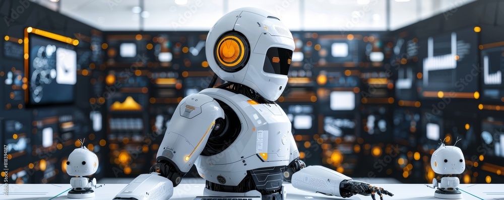 A banner showing robot Ai working together on digital devices, representing financial and social networking concepts. A banner showing robot Ai working together on digital devices, representing financial and social networking concepts.