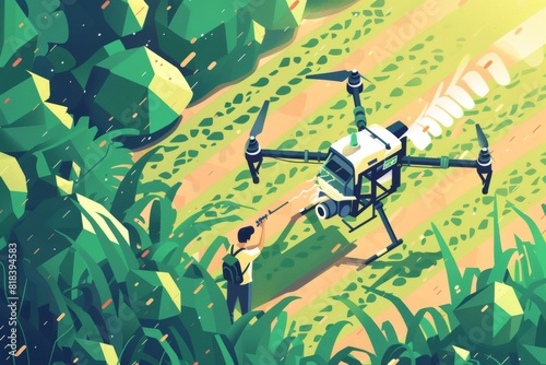 Smart drones in agriculture fields utilize aerial precision applications, visualized efficiently through isometric illustrations of agriculture vehicles