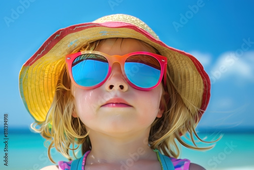 LITTLE GIRL WITH GLASSES AND HAT ON THE BEACH. CLOSE-UP IMAGE.