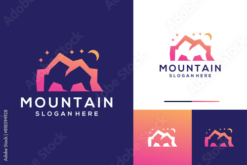 Simple mountain with moon star night logo design inspiration