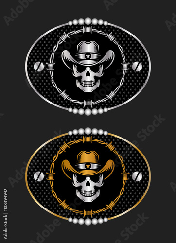 Sheriff Skull with Cowboy Hat and barbed wire, stylized silhouette label belt buckle vector design