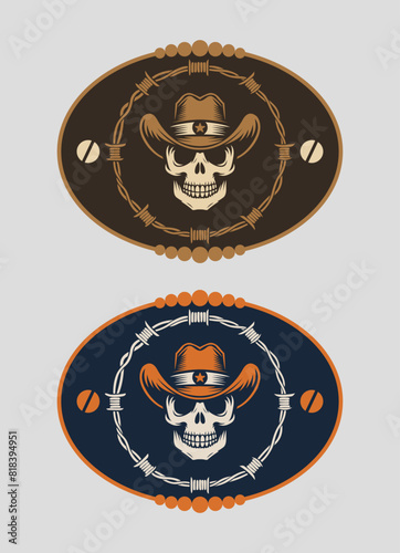 Sheriff Skull with Cowboy Hat and barbed wire, stylized silhouette label belt buckle vector design