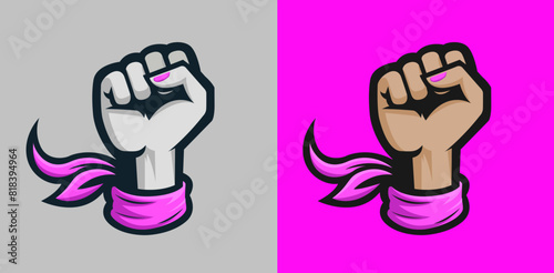 Female Raised Fist with Pink Kerchief Scarf Cloth, vector illustration