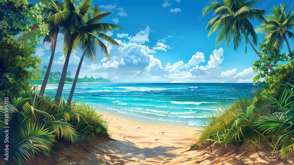 Serene Tropical Beach and Sea Landscape with Palm Trees and Crystal Blue Waters