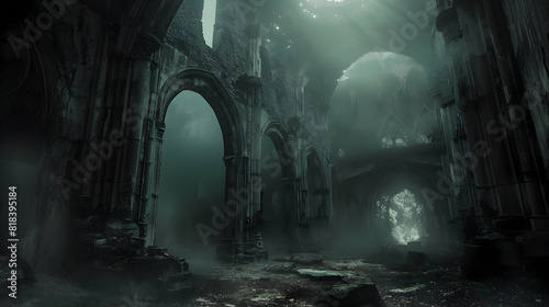 Generative AI  gothic ruined black interior and landscape in the style of gloomy fantasy PHOTOGRAPHY   