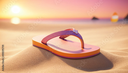 sandals in the sand on a sunny summer sunset on the beach