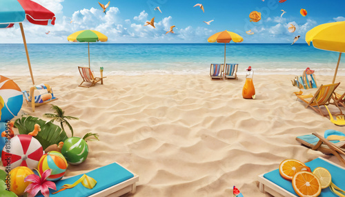3d illustration of beach sand with various beach symbols summer vacation blue beach clean sand, umbrella and beach chair