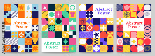 Geometric Bauhaus posters with textured geometric patterns and abstract shapes, Fashionable minimalist poster. Modern Swiss aesthetic set.