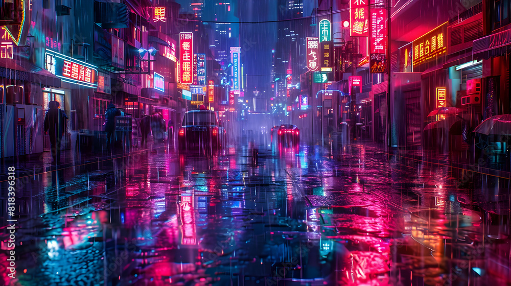 Generative AI, Night scene of after rain city in cyberpunk style, futuristic nostalgic 80s, 90s. Neon lights vibrant colors, photorealistic horizontal illustration. See Less PHOTOGRAPHY


