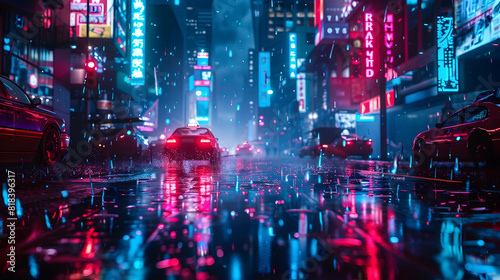 Generative AI, Night scene of after rain city in cyberpunk style, futuristic nostalgic 80s, 90s. Neon lights vibrant colors, photorealistic horizontal illustration. See Less PHOTOGRAPHY


 photo