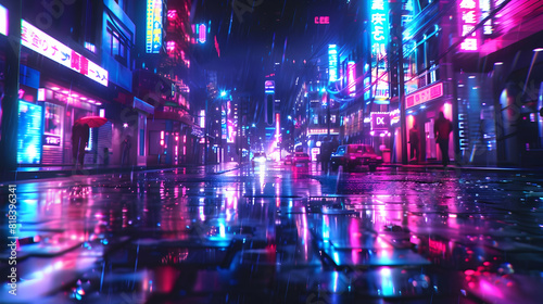 Generative AI  Night scene of after rain city in cyberpunk style  futuristic nostalgic 80s  90s. Neon lights vibrant colors  photorealistic horizontal illustration. See Less PHOTOGRAPHY   