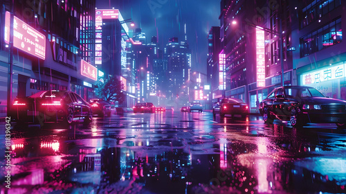 Generative AI  Night scene of after rain city in cyberpunk style  futuristic nostalgic 80s  90s. Neon lights vibrant colors  photorealistic horizontal illustration. See Less PHOTOGRAPHY   