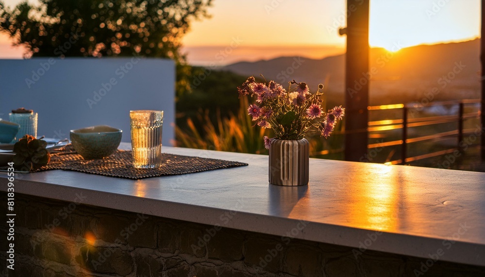 a countertop with flowers at golden hour, cozy, modern