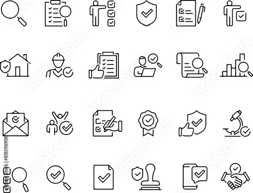 Pixel perfect icon set of inspection, examination, testing, quality control, check, inspect. Thin line icons flat vector illustrations isolated on white transparent background
