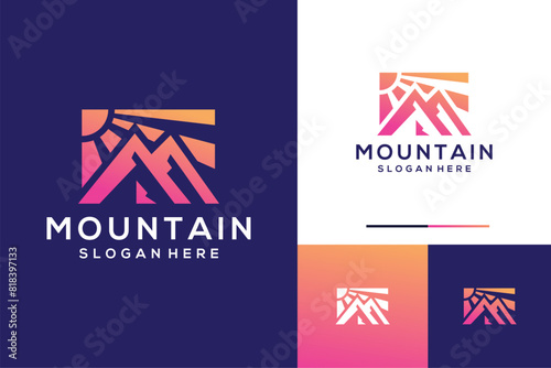 Simple mountain with sun logo design inspiration
