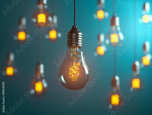 Glowing light bulbs surrounded by dark hanging light bulbs on a blue background, symbolizing ideas and innovation in business.