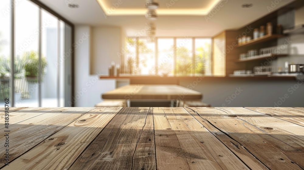 A kitchen with a wooden table and a window. The table is empty and the kitchen is bright and sunny A kitchen with a wooden table and a window. The table is empty and the kitchen is bright and sunny