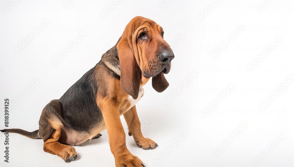 Bloodhound dog - Canis lupus familiaris - is a large scent hound, originally bred for hunting deer, wild boar, rabbits, and since the Middle Ages, for tracking people isolated on white background