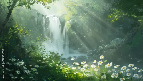 A dreamy and enchanting landscape with daisies blooming in the foreground