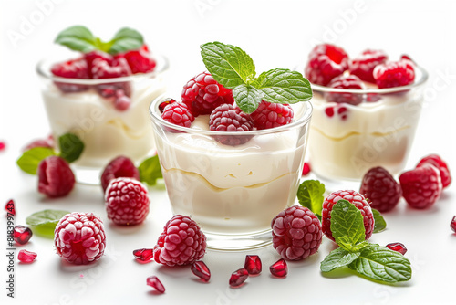 Yogurt  with raspberries and pomegranate seeds in glasses on white background.
