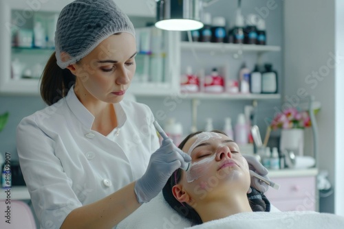 Beautician making lymphatic drainage face massage or facelifting massage at the beauty salon