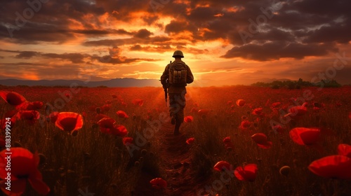 Soldier Walks Through Poppy Field at Sunset