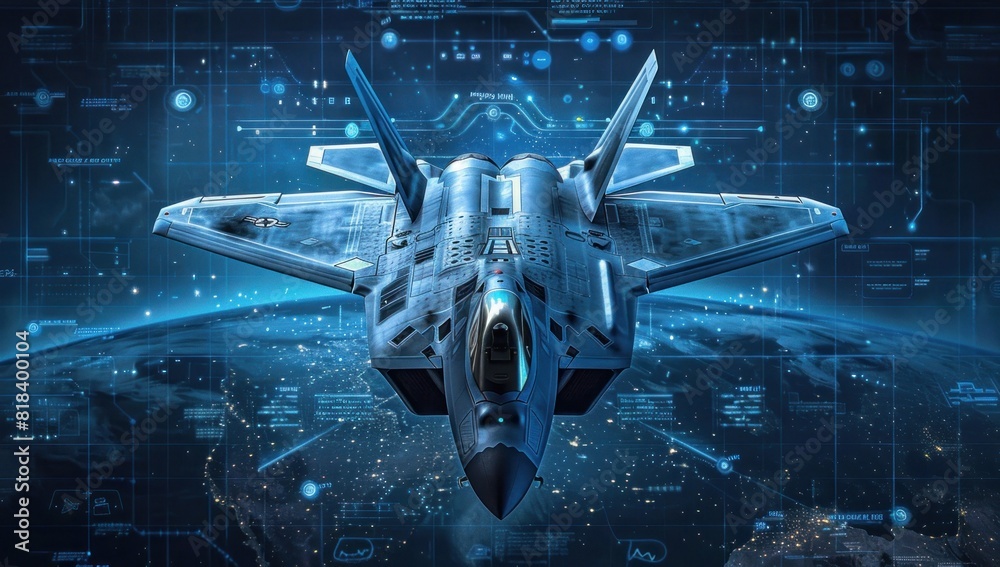Naklejka premium A F20 fighter jet is depicted in the center of an air battle map with data and holographic images against a blue background