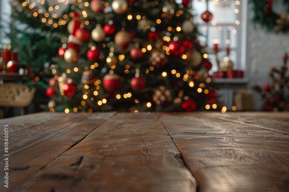 Empty table in front of christmas tree with decoration background - generative ai Empty table in front of christmas tree with decoration background - generative ai