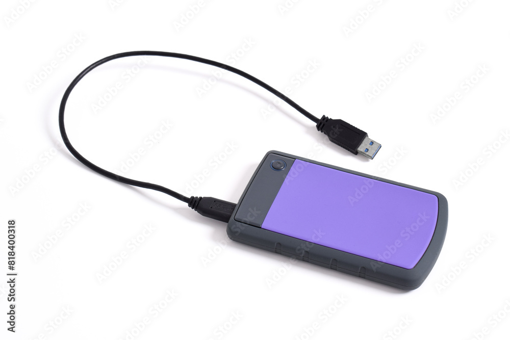 External Hard Disk drive with usb cable isolated on white background. External HDD shock resistance