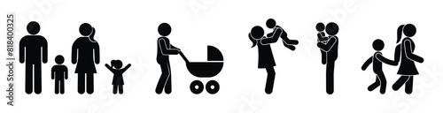 family icon, set of people silhouettes, parents, father and mother and child, isolated pictograms