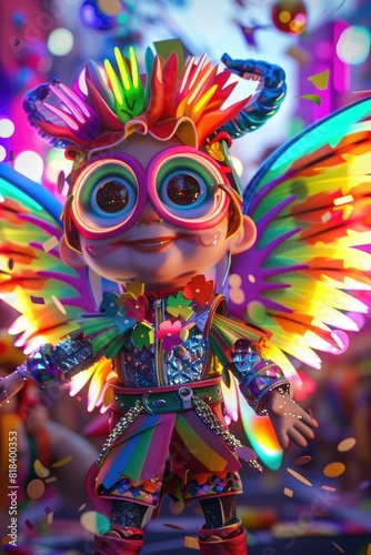 Vibrant Neon Light Trails Form Expressive Wings on 3D Pride Character