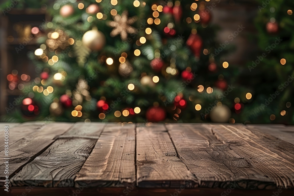 Empty table in front of christmas tree with decoration background - generative ai Empty table in front of christmas tree with decoration background - generative ai