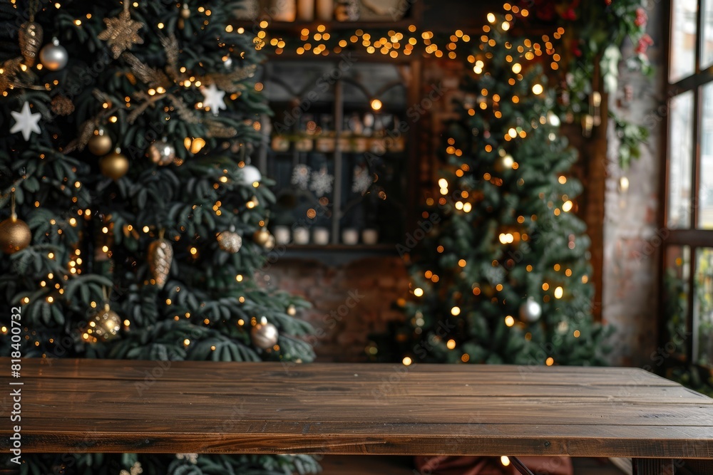 Empty table in front of christmas tree with decoration background - generative ai