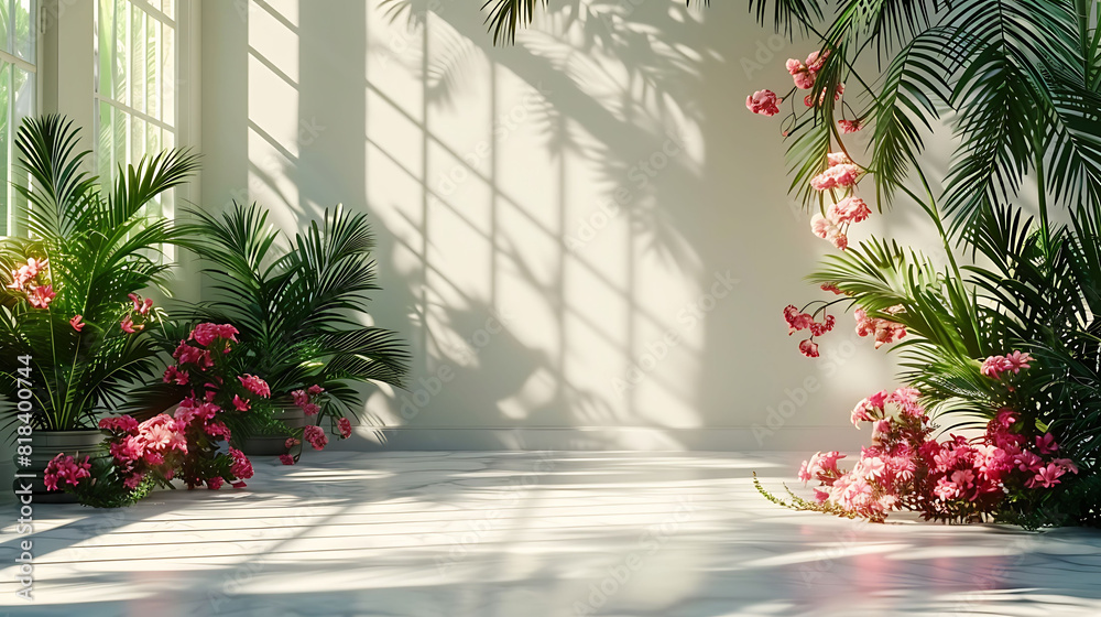 Serene Indoor Oasis, Sunlit White Space with Lush Greenery and Vivid Pink Blooms Serene Indoor Oasis, Sunlit White Space with Lush Greenery and Vivid Pink Blooms